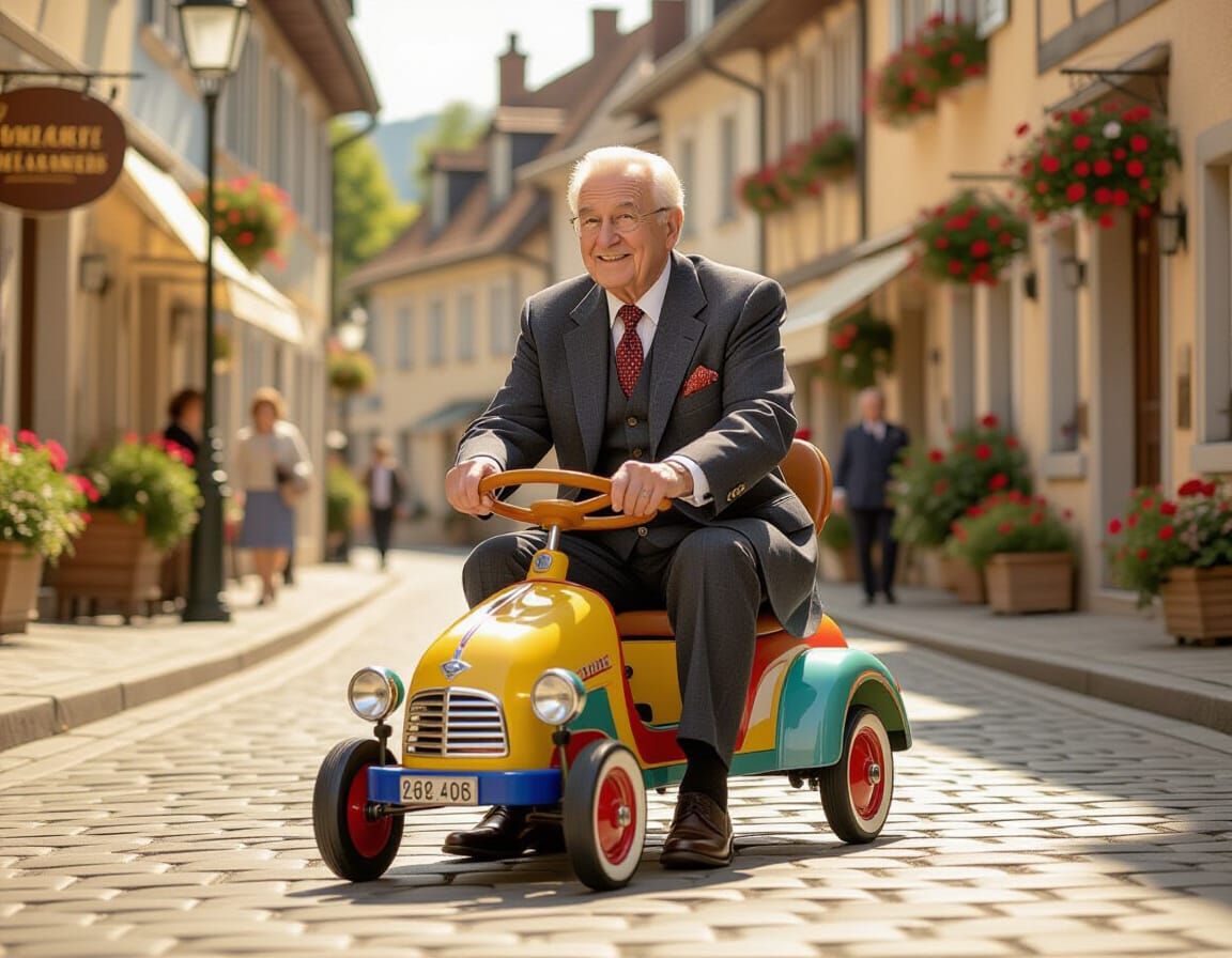 Whimsical Elderly Gentleman on Pedal Car