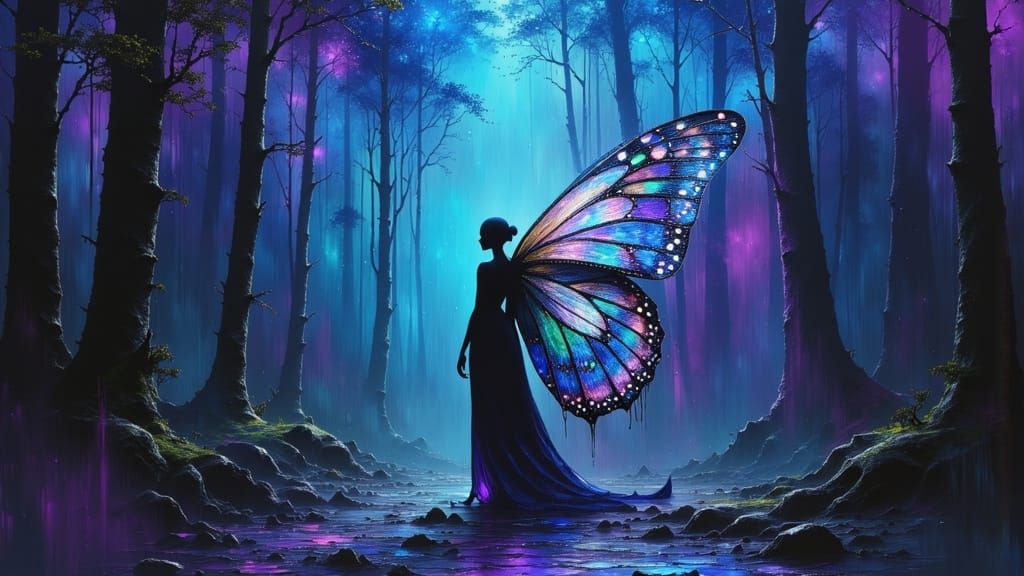 Fairy with Majestic Butterfly Wings in Dark Forest