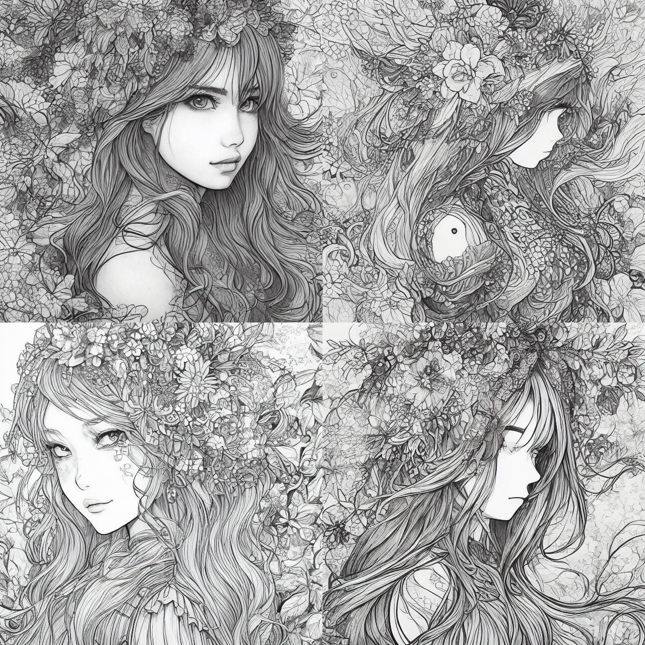 Anime Girl Coloring Page in Black and White