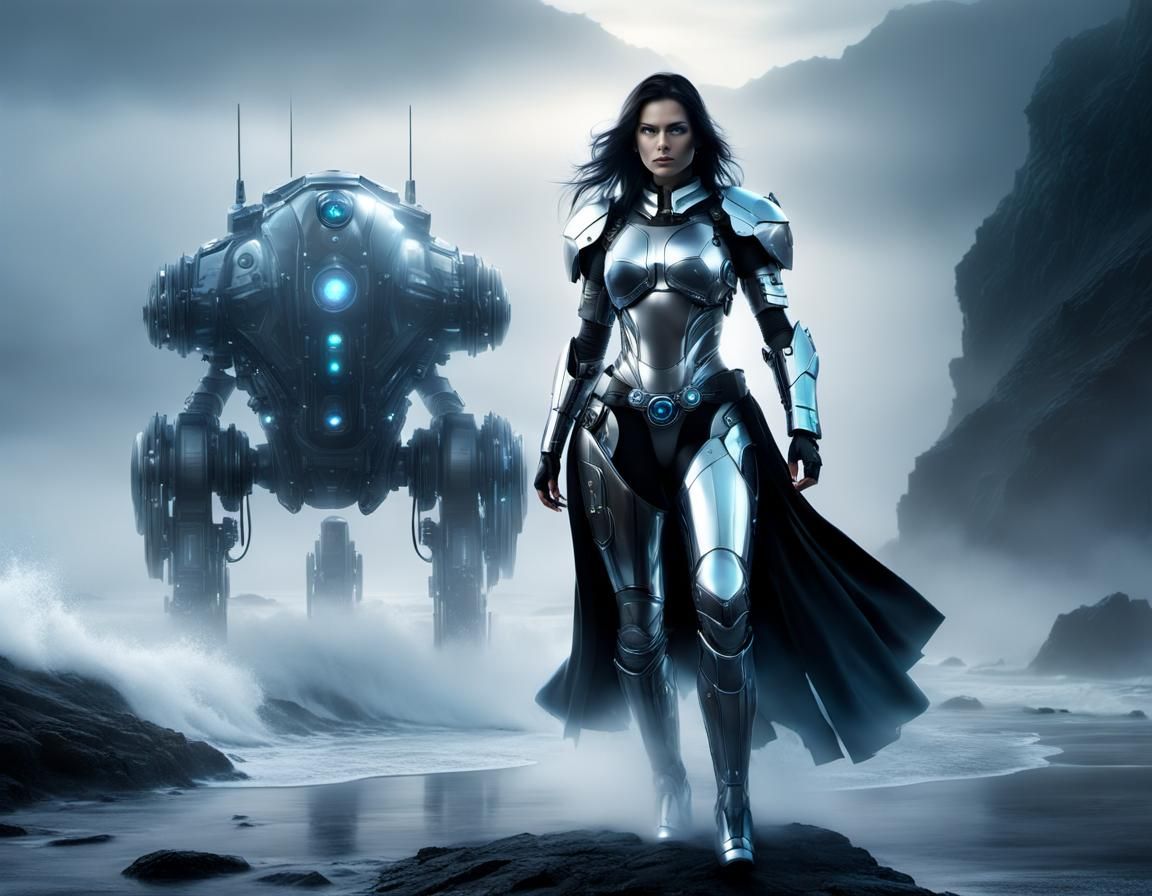 Cyborg Walks Ocean Shore Dreamscape in Hyperrealism