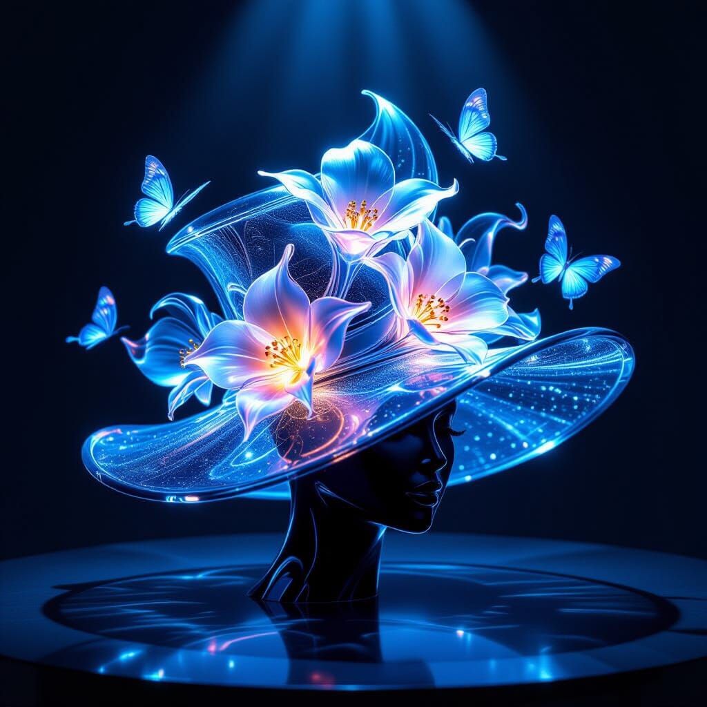 Bioluminescent Glass Hat: Surreal Floral Butterfly Sculpture
