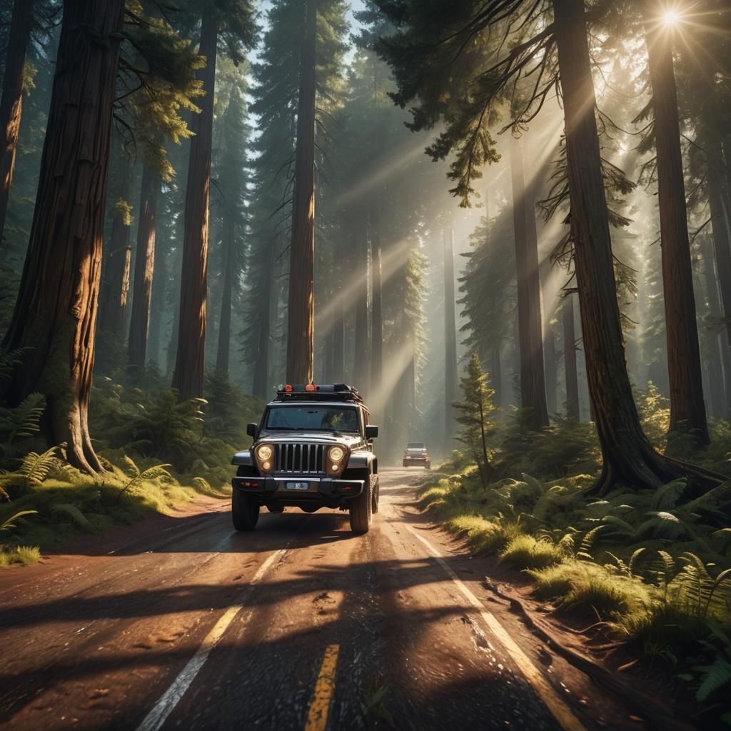 Overland Jeep in Redwood Forest with God Rays