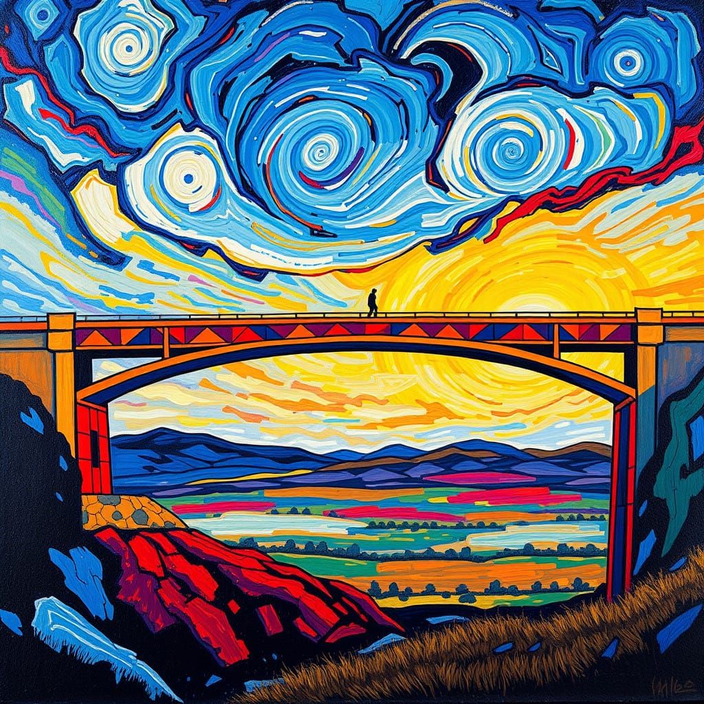 Vibrant Bridge Landscape in Expressionist Style