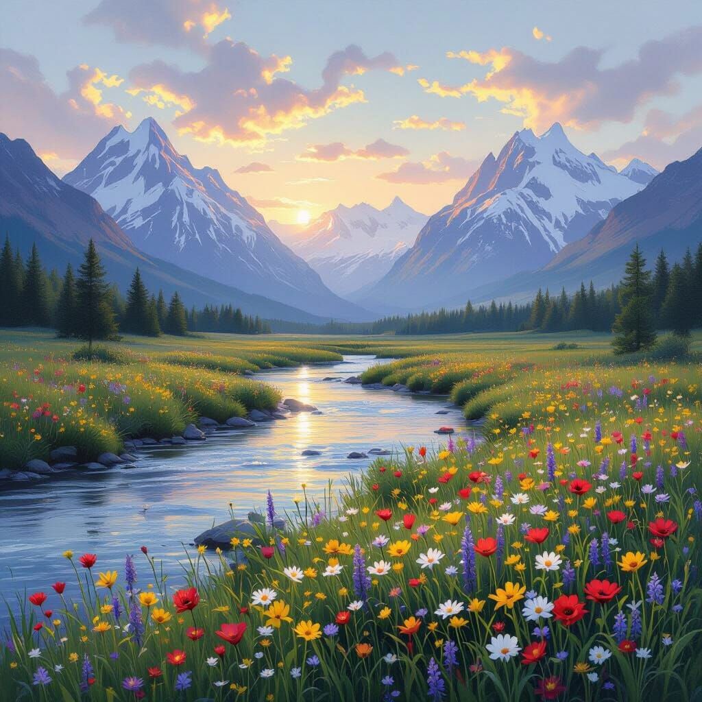 Ethereal Twilight Meadow with Mountains in Painterly Style