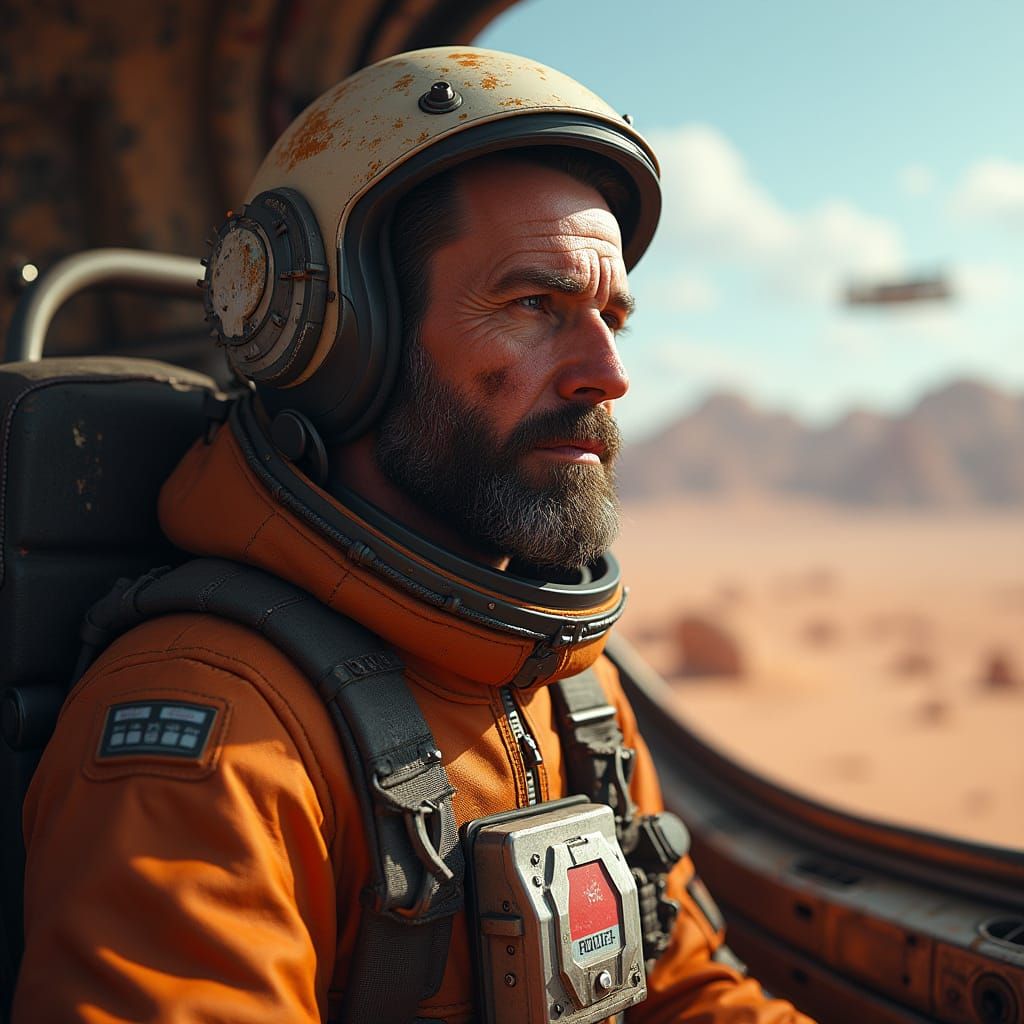 Astronaut on Desert Planet Spacecraft in Orbit