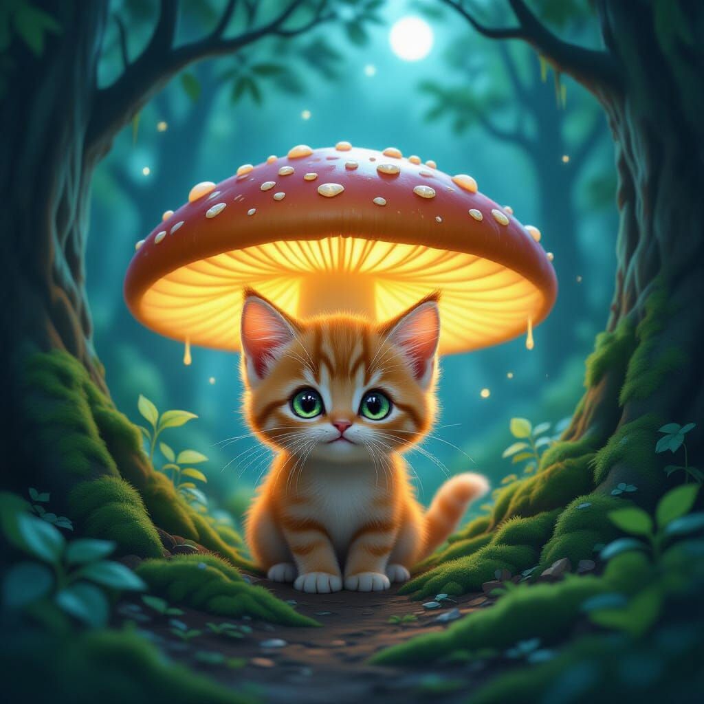 Curious Kitten Peeking From Giant Mushroom in Enchanted Fore...