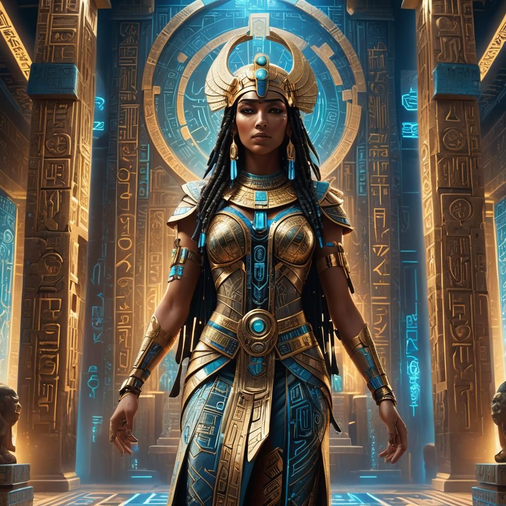 Futuristic Tech Goddess Isis in Cyberpunk Temple