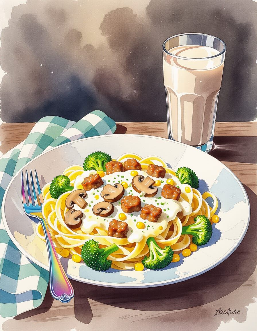 Vibrant Watercolor Pasta Dish with Alfredo Sauce