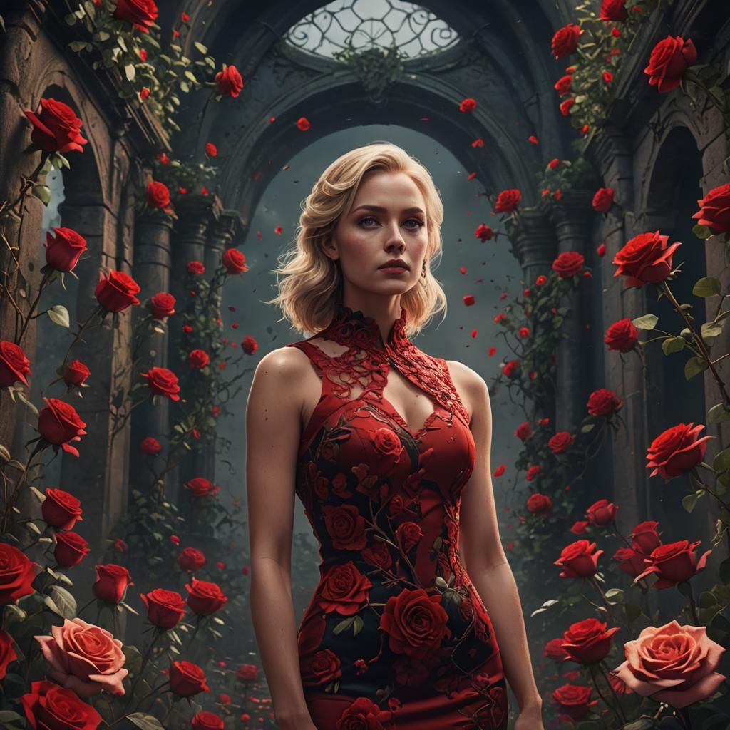 Blonde in Red Dress Amidst Roses, Digital Art
