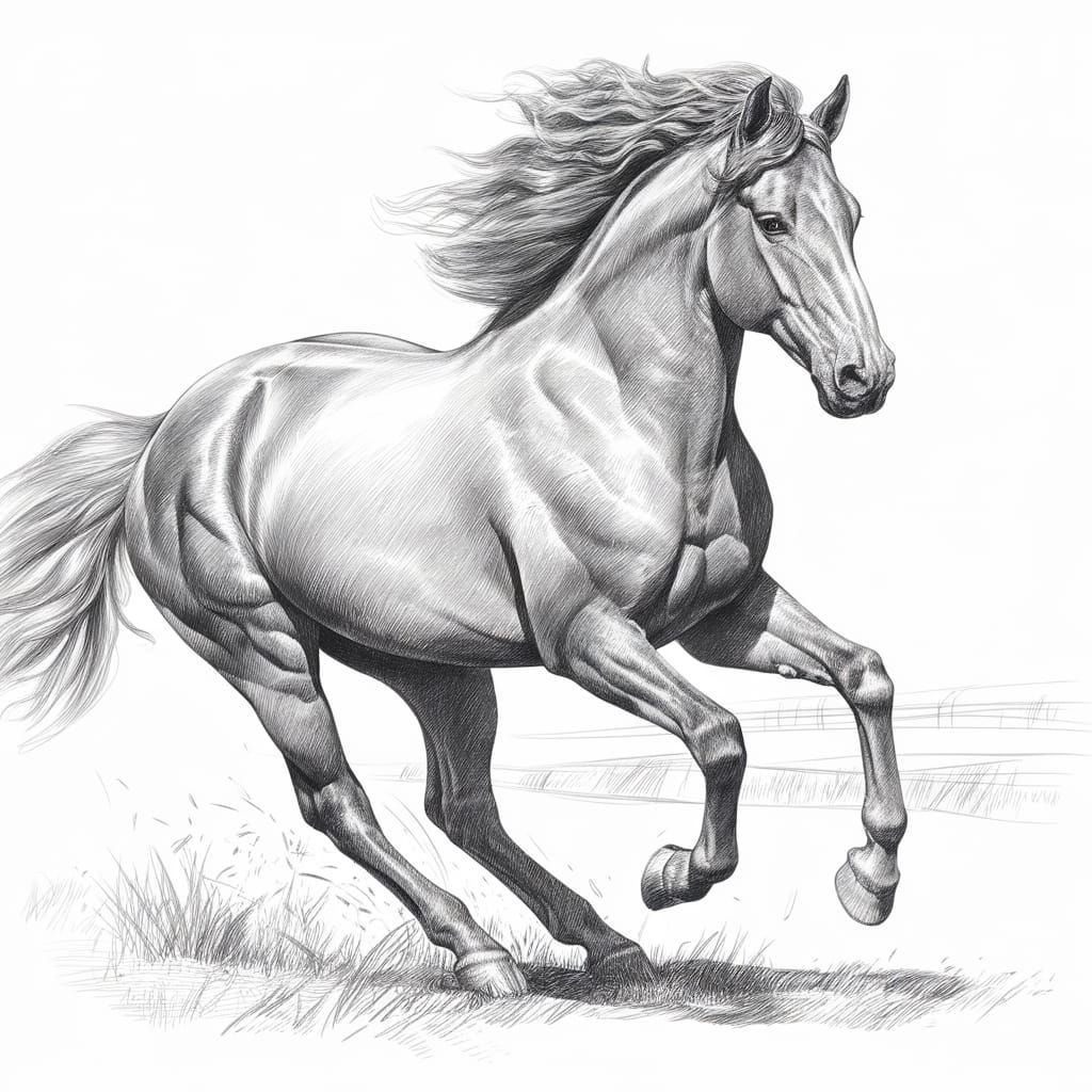 Majestic Horse in Motion, a Realistic Pencil Sketch