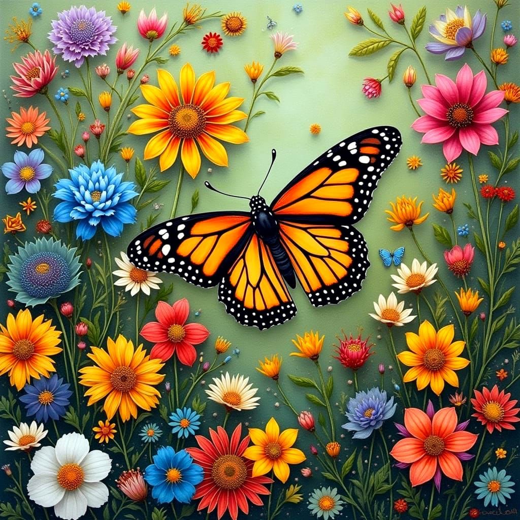 Surreal Summer Monarch in Lush Garden with Metallic Accents