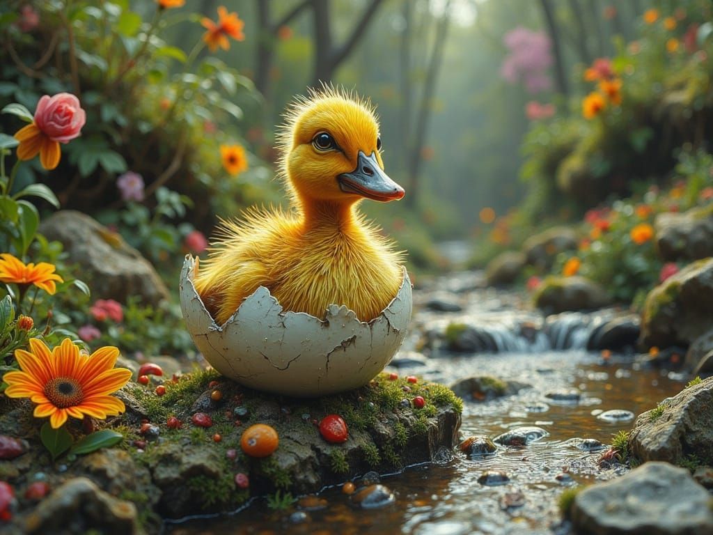 Vibrant Duckling Emerges from Cracked Eggshell in Whimsical ...