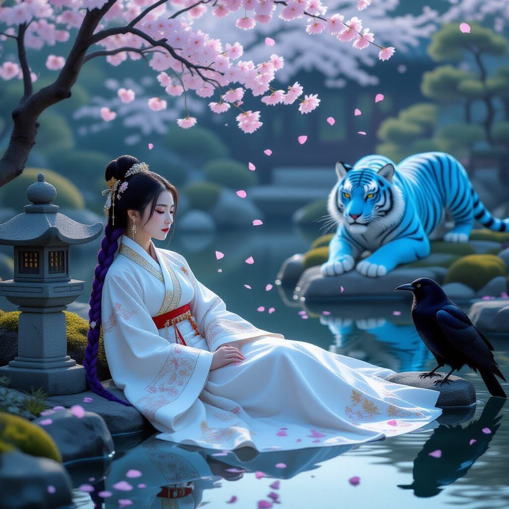 Serene Korean Garden at Dawn with Falling Blossoms