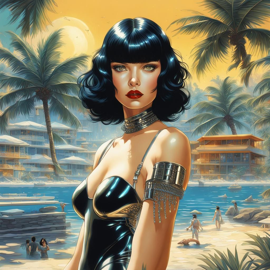 Gothic Woman on Miami Beach in Sorayama Style
