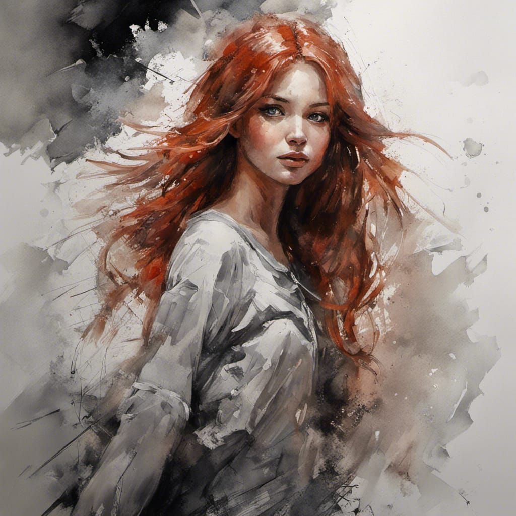 Stunning Portrait of a Red-Haired Tatar Girl in Ink