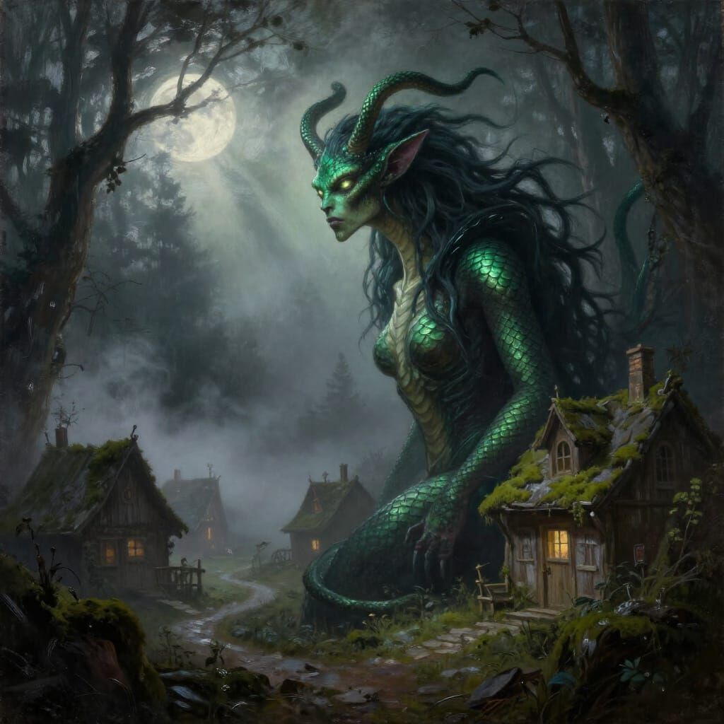 Magnificent Gorgon Gazes Over Foggy Village in Dark Fantasy ...