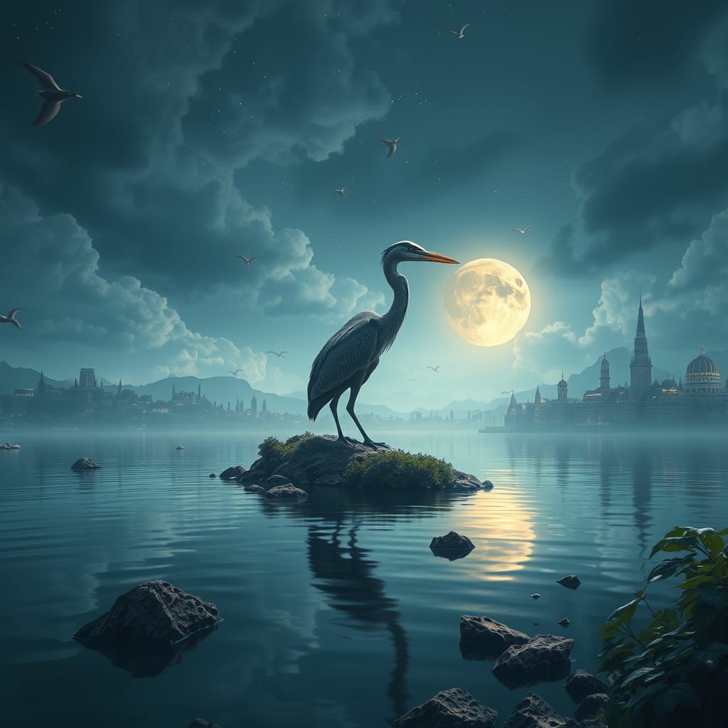Heron at Lake: Detailed Digital Matte Painting