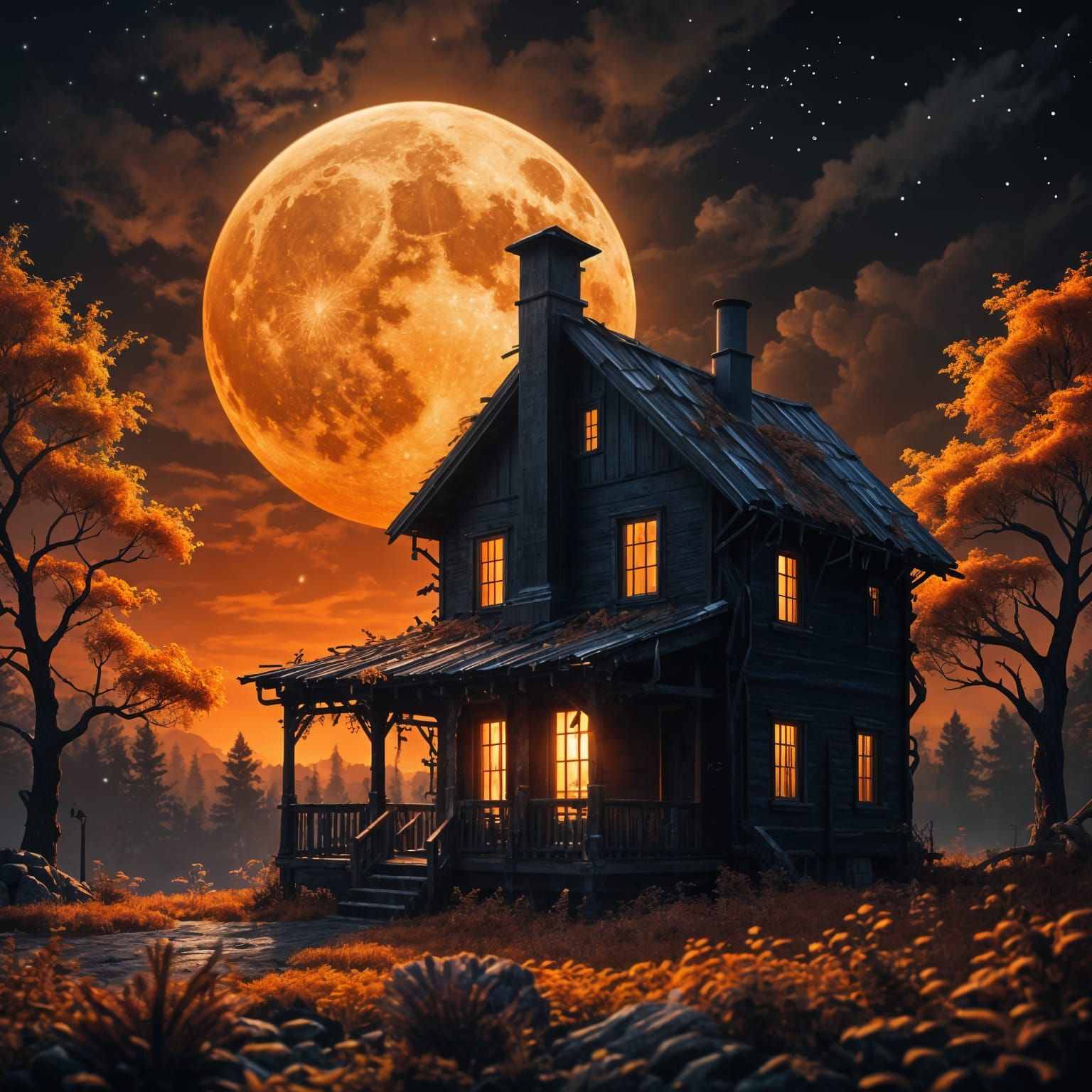 Ethereal Wooden Hut Under Golden Moonlight