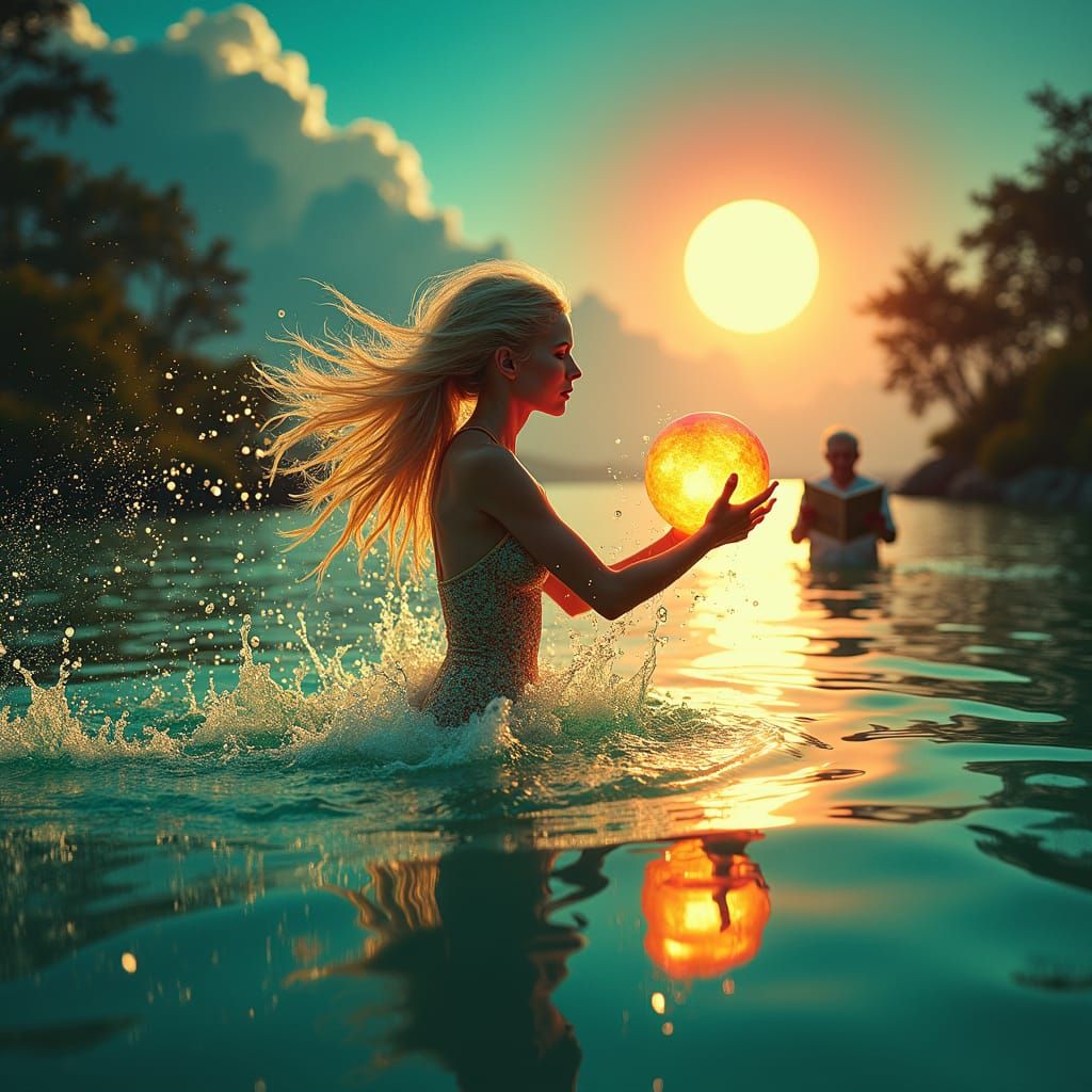 Surreal Twilight Scene with Golden Lady, Dalí Style