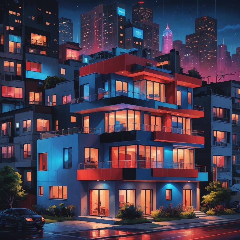 Vibrant Contemporary House in Neon Colors, Digital Art