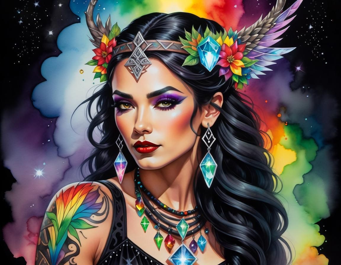 Druid Man with Crystals and Runes in Watercolor