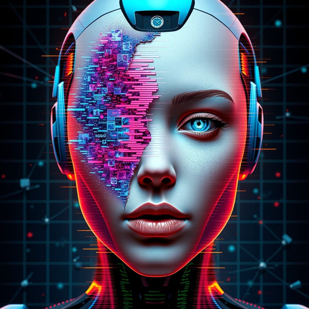 AI Bot Glitch: Digital Pixel Cascade