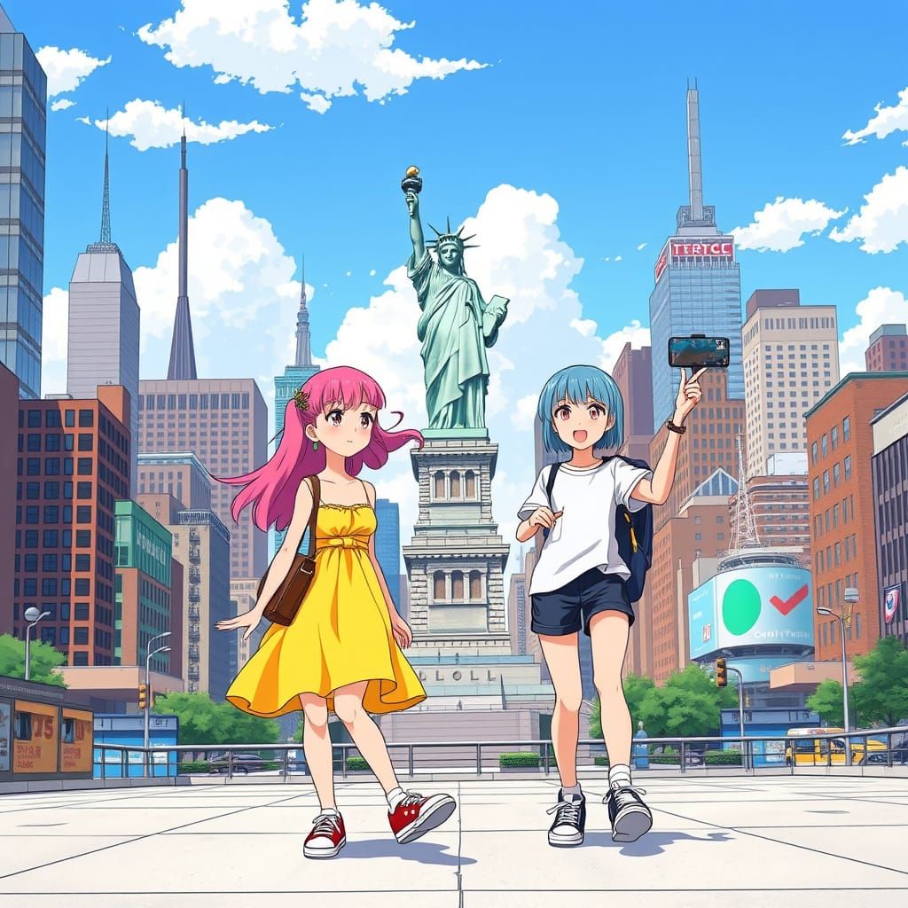Vibrant Anime-Style New York City Scene with Friends