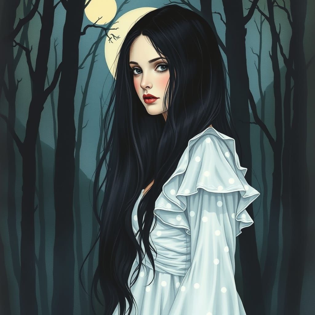 Mysterious Woman in Moonlit Forest: Watercolor Art
