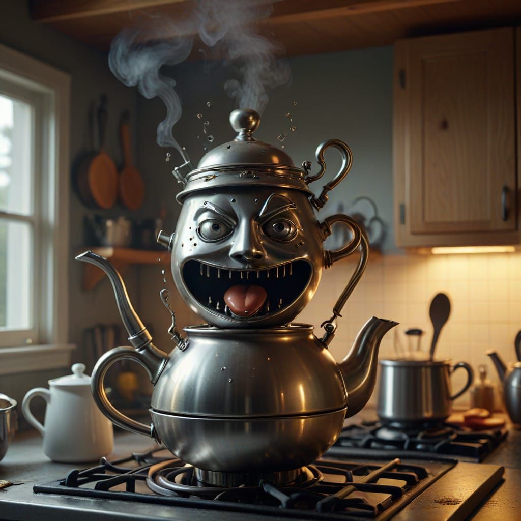 Angry Teapot Face Humanoid in Hyperrealistic Style