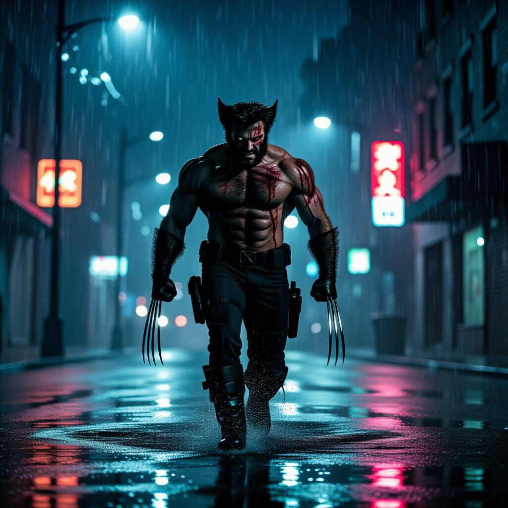 Wolverine in Pouring Rain, Claws Gleaming