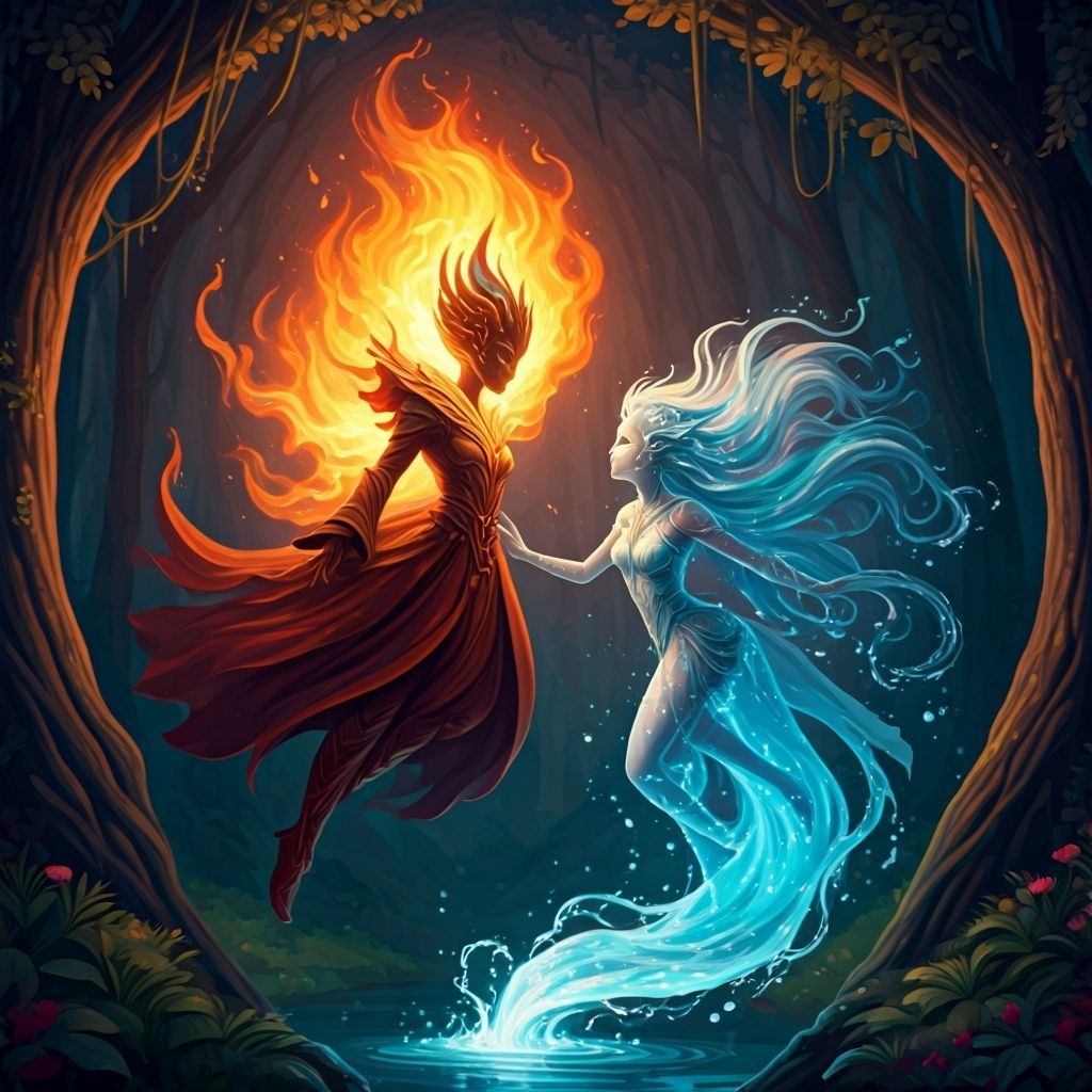 Fire and Water Sprites Dance in Enchanted Forest