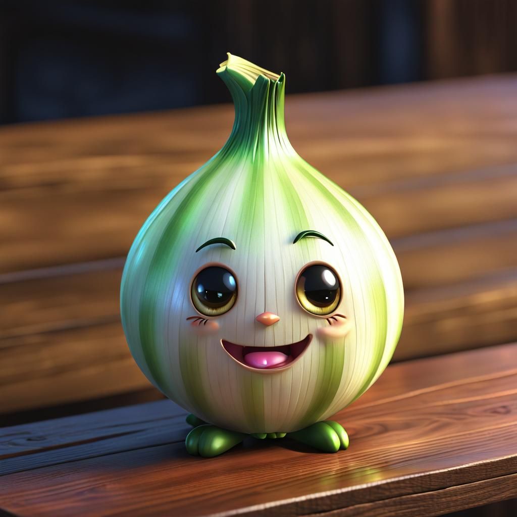 Cute Chibi Onion on Wooden Table in 3D