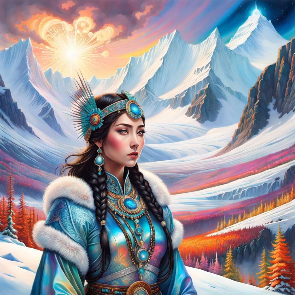 Detailed Inuit Beauty in Maximalist Landscape