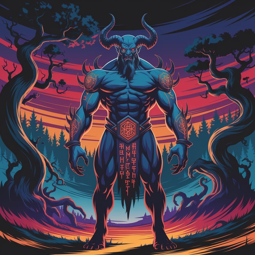 Majestic Demon Lord in Fiery Twilight Landscape