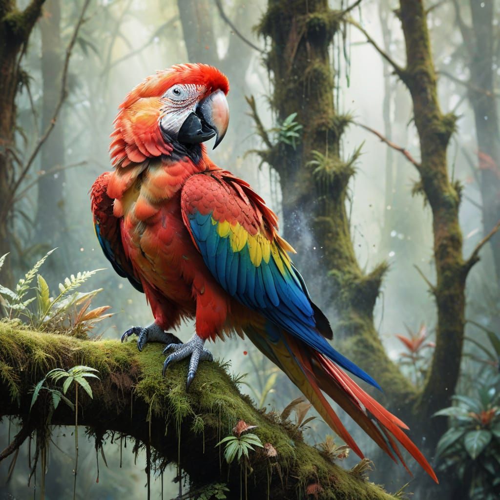 Scarlet Macaw on Mossy Branch in Watercolour Style