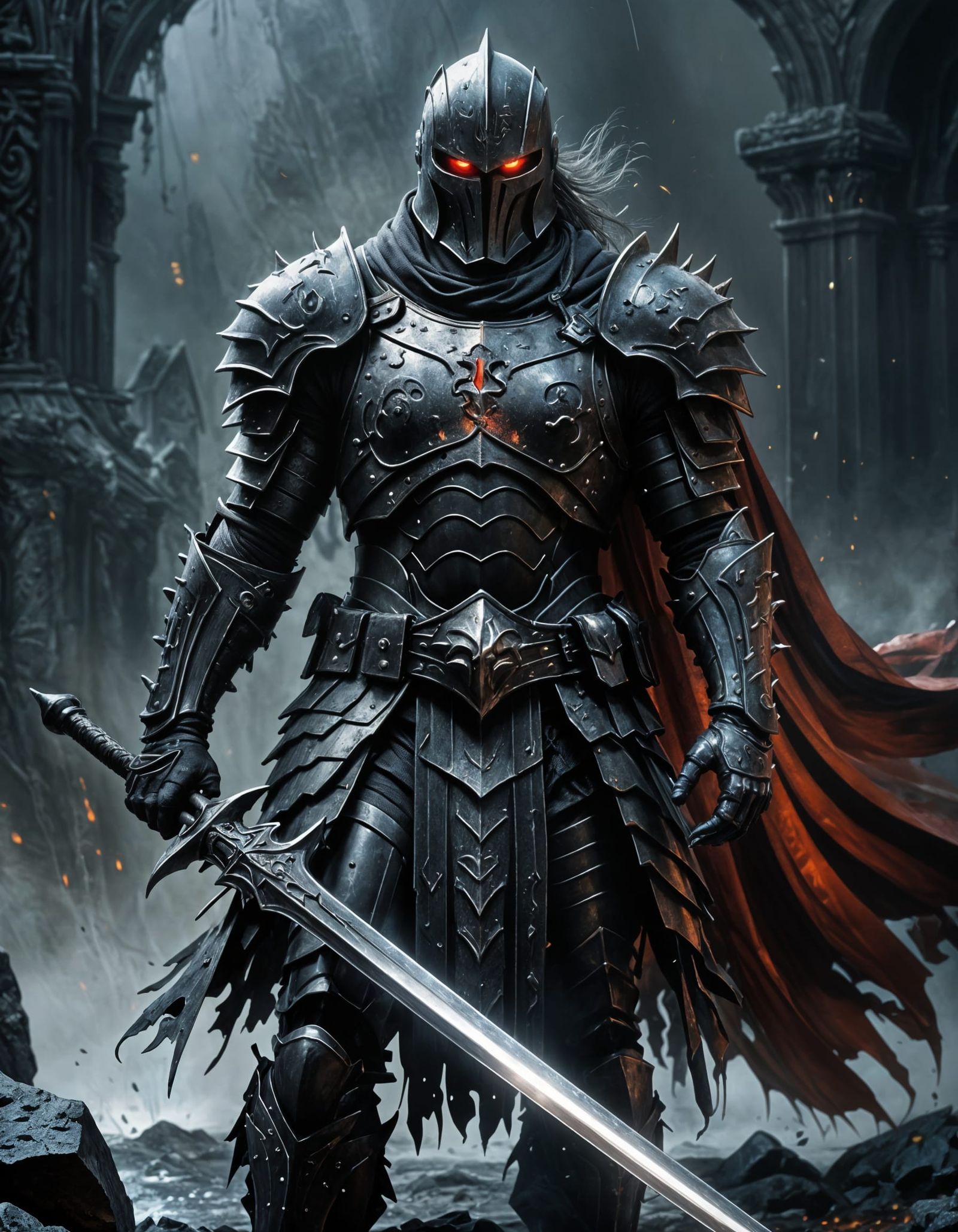 Hulking Knight in Black Armor Amidst Swirling Maelstrom