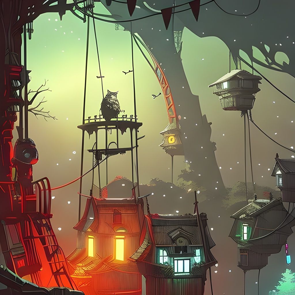 Rainbow Space Owls in Treehouse: Detailed Horror Art