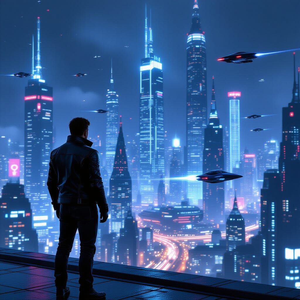 Man Overlooks Futuristic Cityscape in Cyberpunk Style