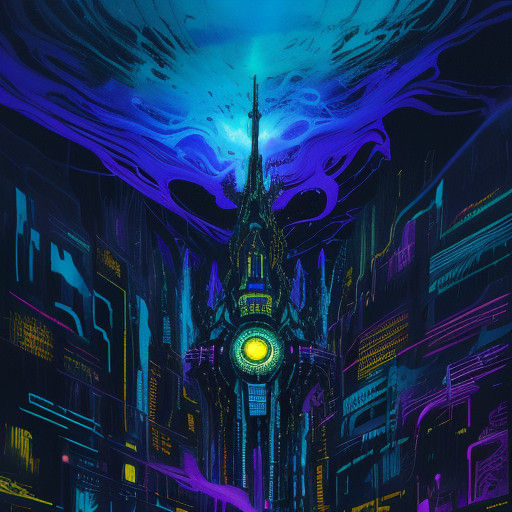 Galactic Faces Emerge from Futuristic City in Vibrant Surrea...