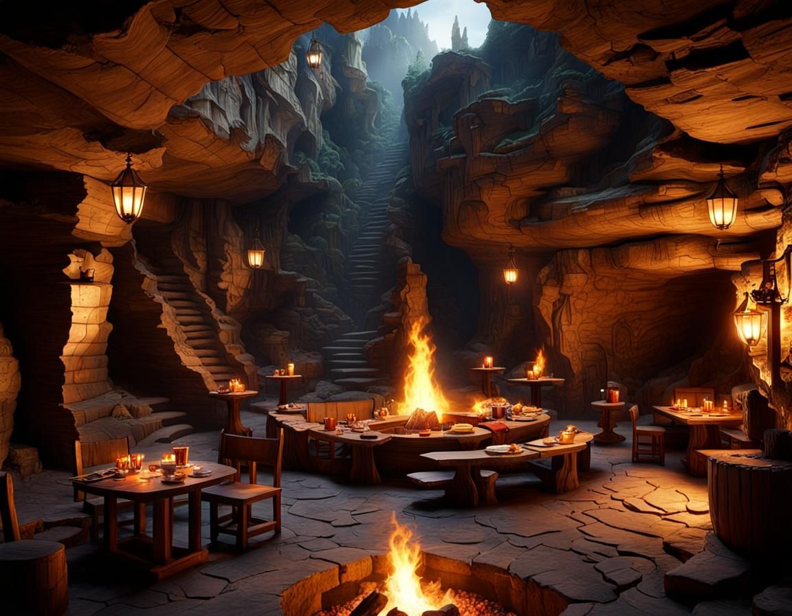 Fortified Medieval Cave Lair with Bioluminescent Fungi