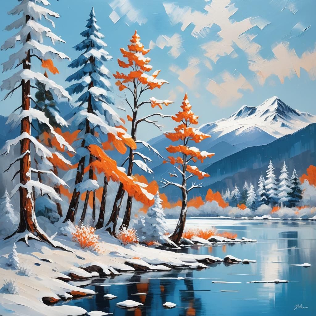 Winter Landscape with Impasto Snowflakes
