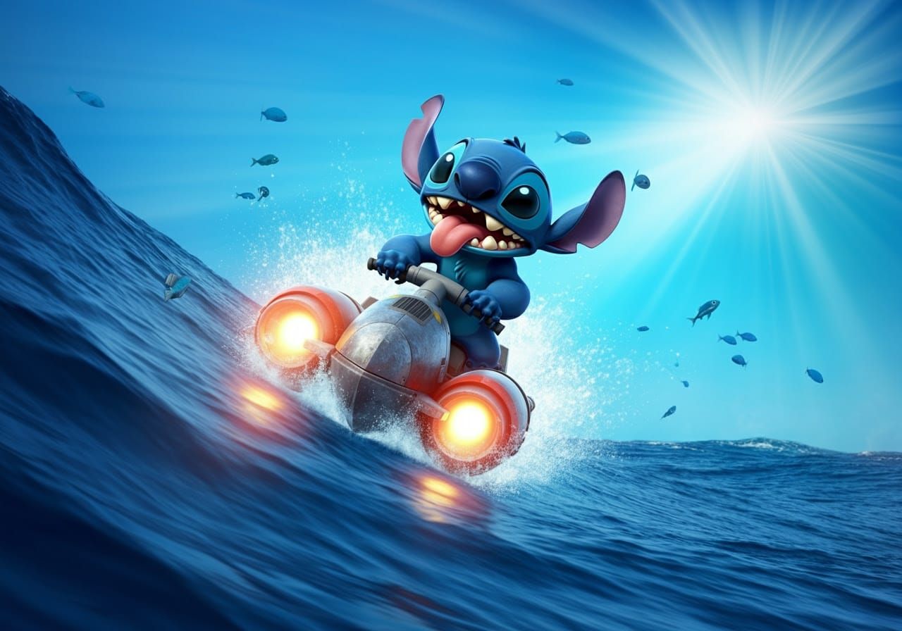 Stitch riding on his special flying jetski
