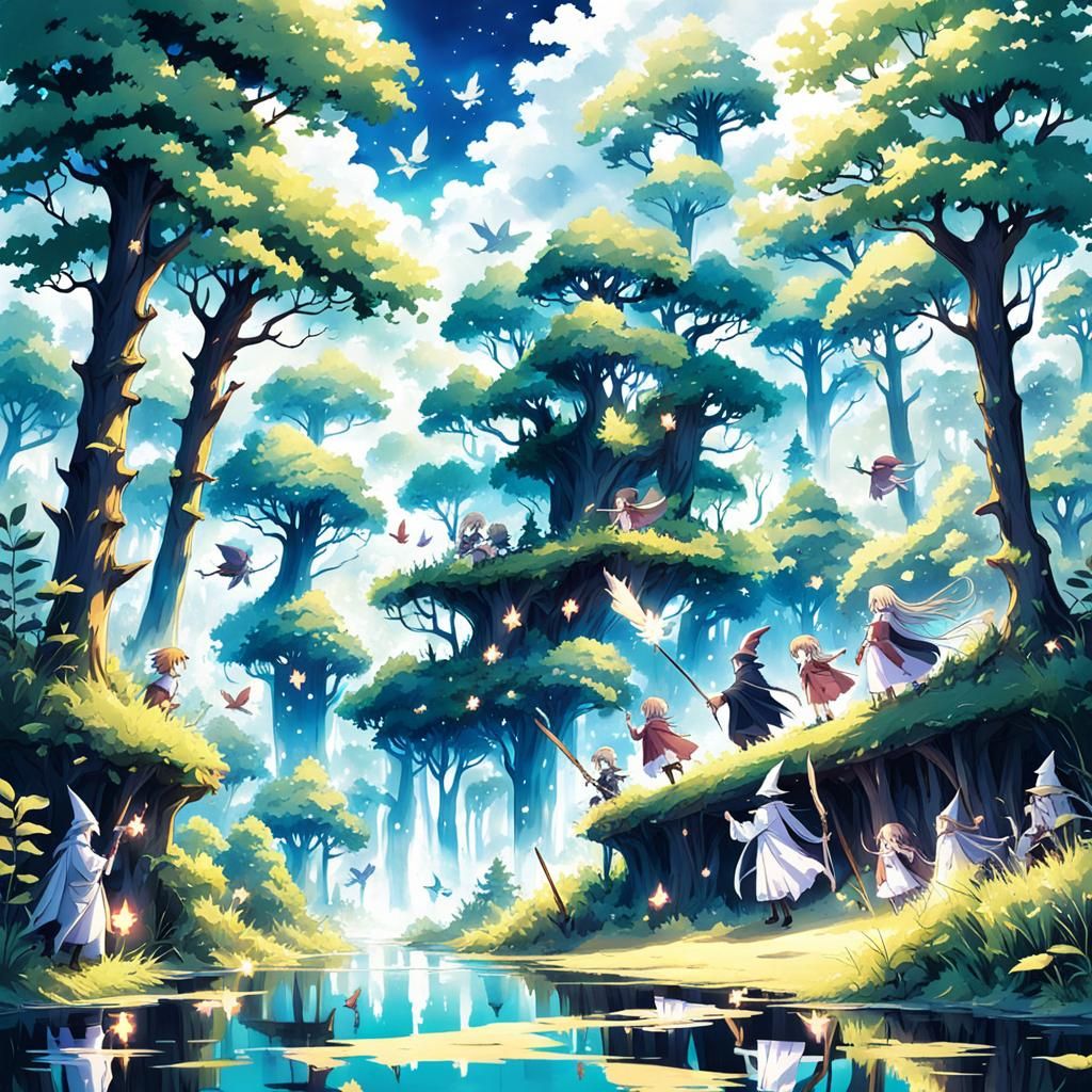 Enchanted Forest with Flying Wizards: Anime Style