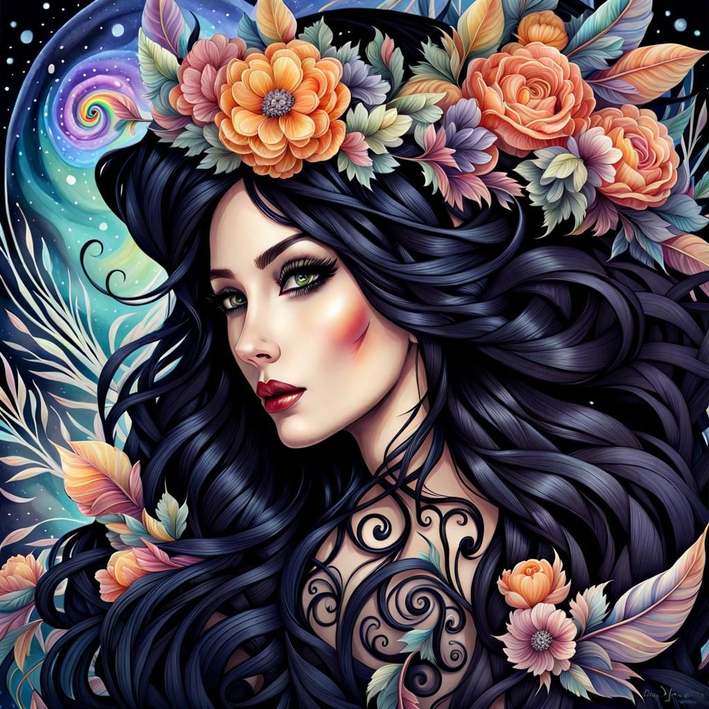 Stunning Witch Portrait in Digital Watercolor Style