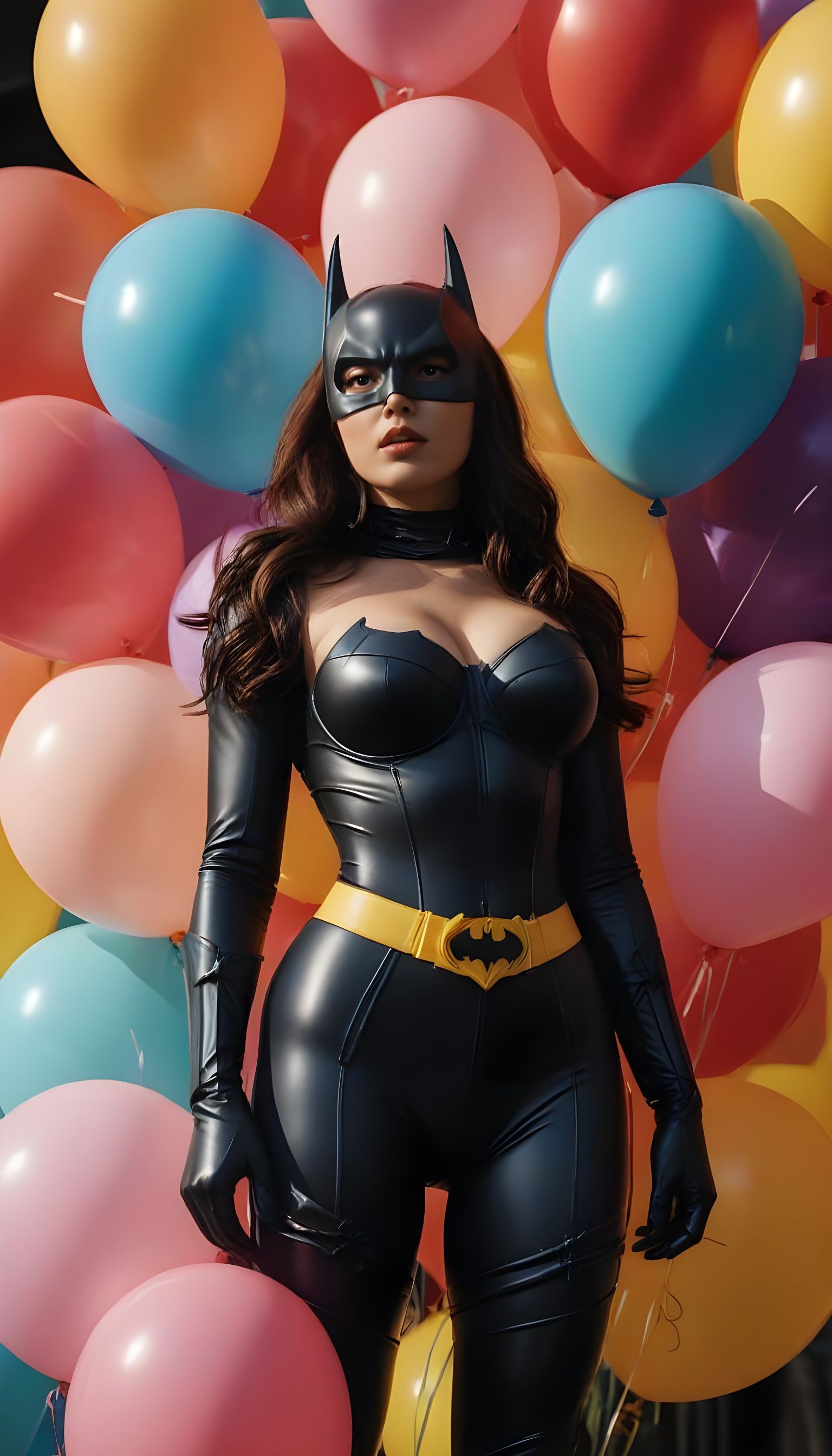 Muscular Batwoman in Rubber Suit with Balloons