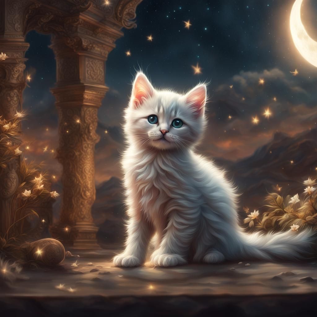 Magical Kitten Under the Stars: A Digital Painting