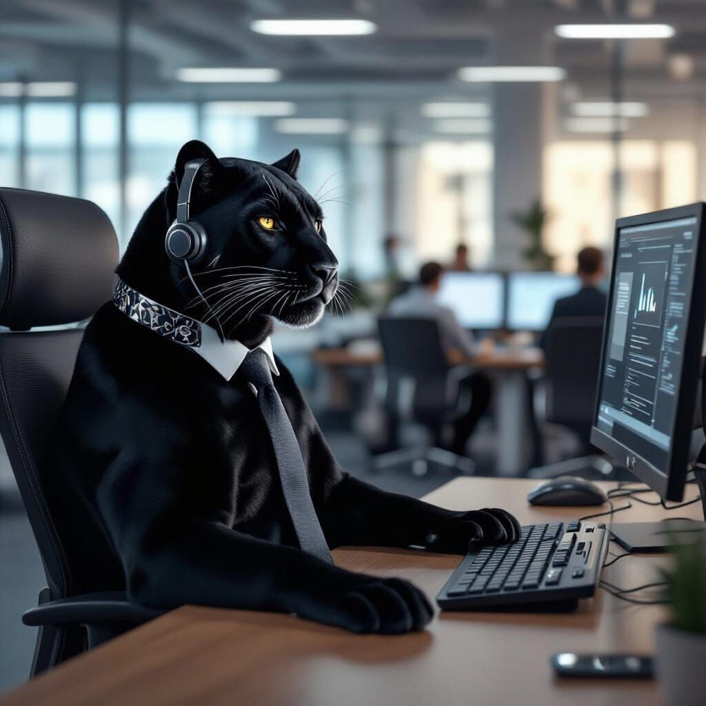 Black Panther Working at Call Center in Photorealistic Style