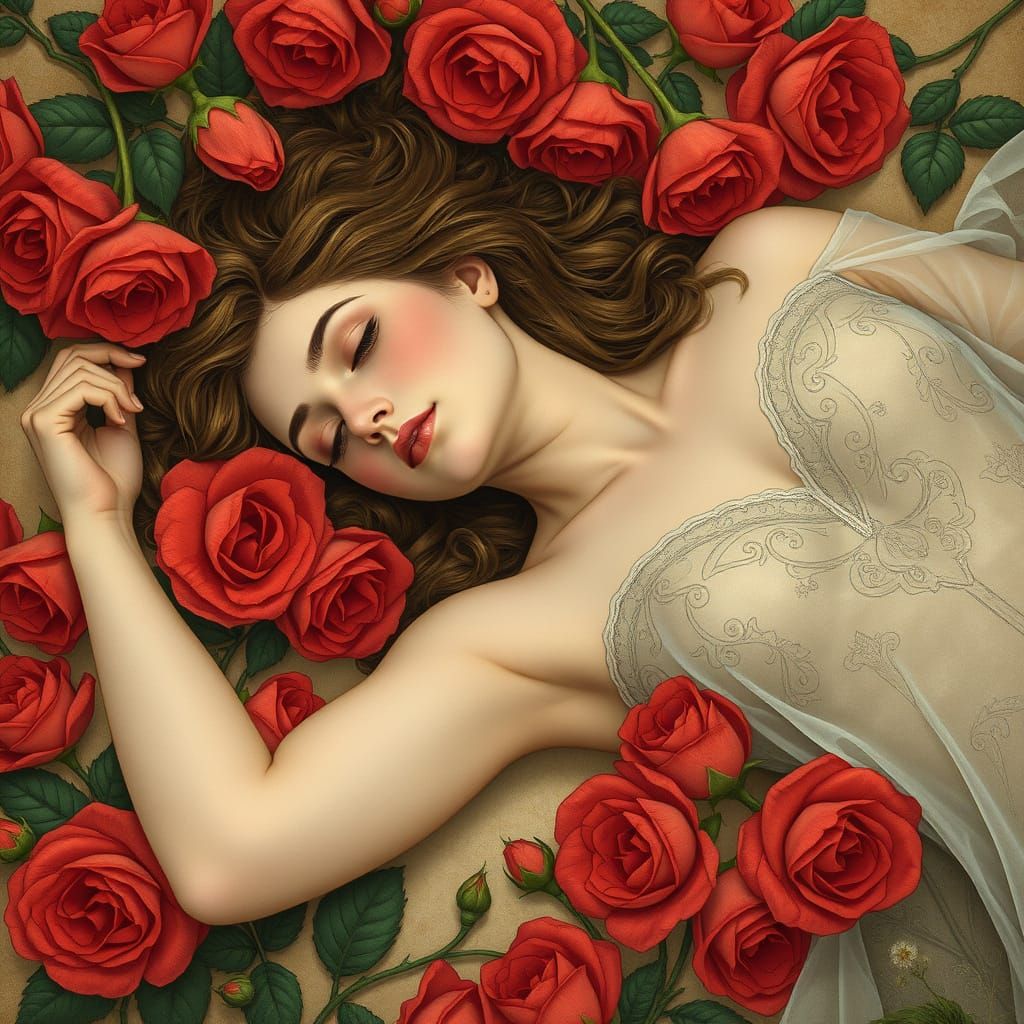 Woman in Red Roses, Art Nouveau Illustration