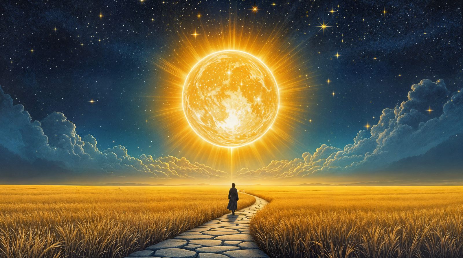 Silhouette Walks Towards Radiant Celestial Bloom