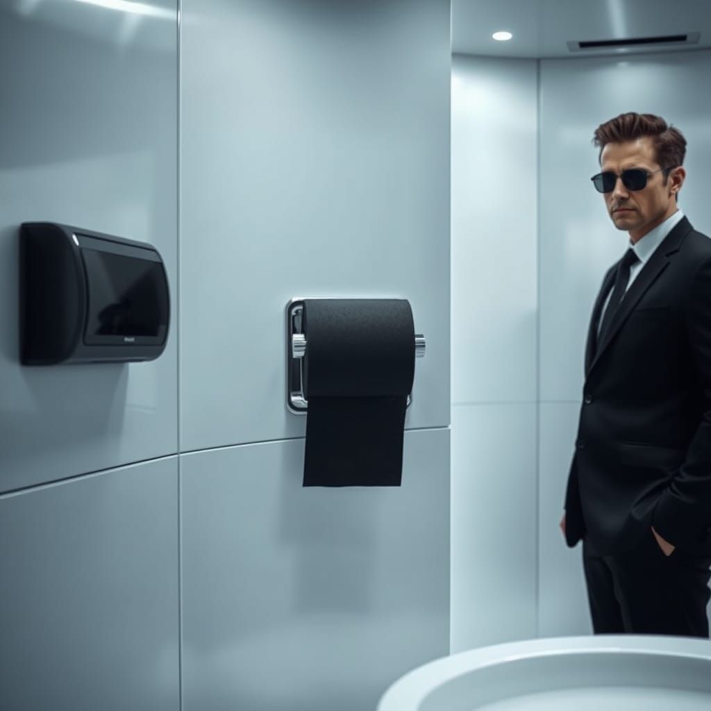 Futuristic Bathroom Scene with Black Toilet Paper
